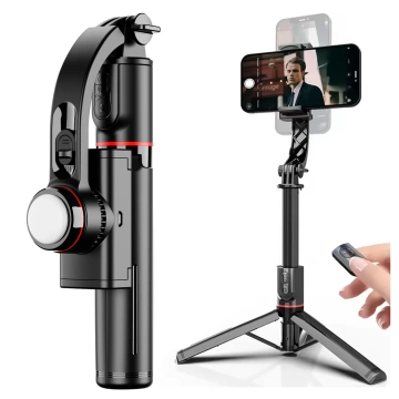 Gimbal stabilny Statyw z pilotem Bluetooth Selfie Stick Lampą LED oświetleniem obrotowy 360° 70cm Techsuit L19s Czarny
