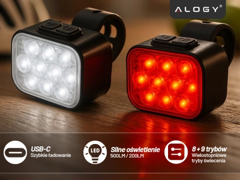 Lampka rowerowa LED 500 LM 200 LM Alogy DuoRide™ Lights 20 LED Latarka na rower wodoodporne światło światełko na przód i tył przednia tylna 2 zestaw