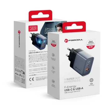 Ładowarka sieciowa Forcell GaN 45W USB-C + USB-A PD QC SFC Szara