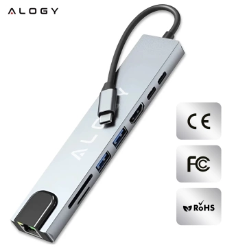 Hub 8w1 USB-C do 2xA+2xC+HDMI+SD+Micro+LAN 100mb – Alogy MultiHub™ Do Notebooka Laptopa