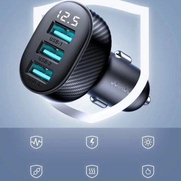 Ładowarka samochodowa Joyroom JR-CCD03 3× USB-A 17 W z wyświetlaczem – czarna