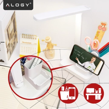 Lampka biurkowa nocna LED – akumulator 2400 mAh, organizer na długopisy i telefon, regulowane światło, idealna na biurko i do nauki – Alogy Light&Organize™ Biała