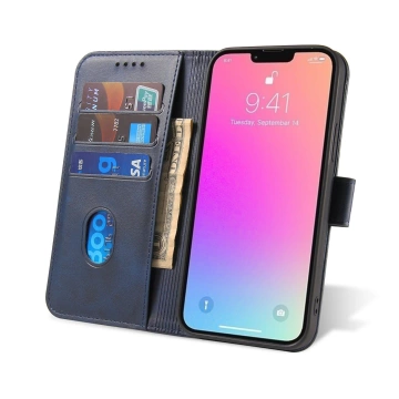 Etui na telefon Magnet Case do iPhone 13 Pro Max elegancki futerał etui pokrowiec z klapką i funkcją podstawki niebieski