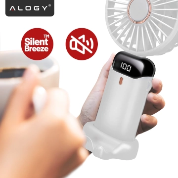 Wentylator Wiatrak Ręczny Bezprzewodowy, Przenośny i Biurkowy, z Uchwytem na Telefon, Ładowanie USB-C, Bateria 18650, Alogy CoolBreeze™ – Biały