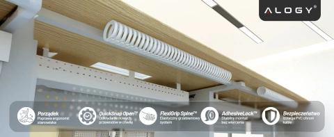 Sprężynowy organizer na kable pod biurko – elastyczna maskownica 50×4 cm, samoprzylepna, do porządkowania przewodów – Alogy CableStrip™ Biały
