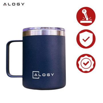 Thermobecher 420 ml mit Griffdeckel für Kaffee, Tee, kalte und warme Getränke aus Stahl, Alogy, Marineblau