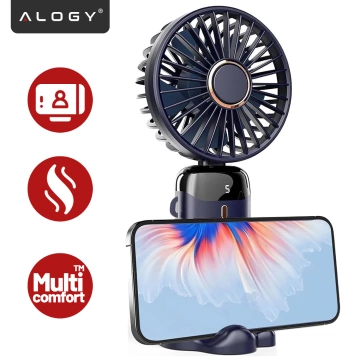 Wentylator Wiatrak Ręczny Bezprzewodowy, Przenośny i Biurkowy, z Uchwytem na Telefon, Ładowanie USB-C, Bateria 18650, Alogy CoolBreeze™ – Granatowy