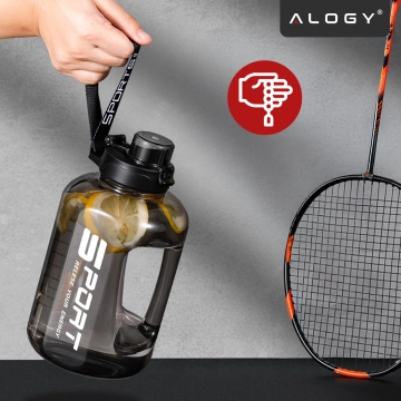 Duża Butelka Motywacyjna na Wodę 1.7L Bidon Sportowy z Miarką, Uchwytem i Pokrywką 2w1 (Dzióbek + Słomka), Wygodna i Szczelna, Alogy Sport 1700ml – Czarna