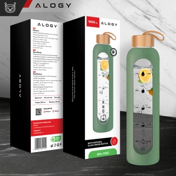 Große Glasflasche, Trinkflasche Alogy Motivational Messbecher 1l 1000ml, Silikonhülle Olive