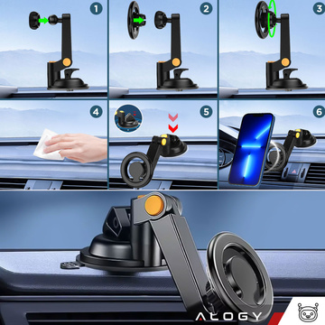 Uchwyt samochodowy magnetyczny na telefon do samochodu auta na szybę kokpit deskę do telefonu Mag Safe Alogy Czarny