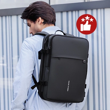 Mark Ryden 17,3"-Laptop-Rucksack, USB-Anschluss, wasserdicht, minimalistisch und geräumig (37 l), komfortabel, erweiterbar durch 180°-Öffnung, 48 × 31 × 14–25 cm – Schwarz