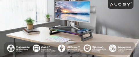 Podstawka pod monitor z lampką listwą świetlną RGB z wejściami HUB USB (3× USB-A, 1× USB-C) – biurkowa do Home Office, Gaming, poprawa ergonomii – Alogy MonitorStand™ Czarna