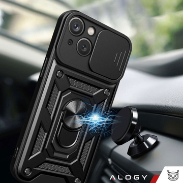 Etui pancerne do iPhone 15 Camshield Case Ring Alogy Stand z osłonką na aparat slide czarne + Szkło