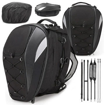 Plecak torba motocyklowa wodoodporna 40L – 5w1 – kufer, podsiodłowa, bagażnikowa, na kask, z pokrowcem, Nylon, torba miejska na motocykl – Alogy RoadMaster™  Czarna