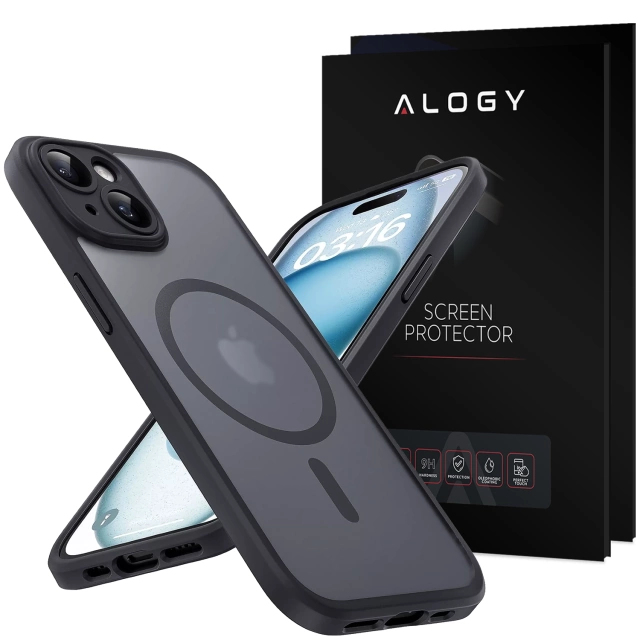 Etui + Szkło hartowane do Apple iPhone 15 Plus obudowa Alogy MagSafe Hybrid Matte Case pokrowiec matowy z ochroną obiektywu czarny 