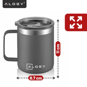 Thermobecher 420 ml mit Henkel und Deckel für Kaffee, Tee, Stahl, Kalt- und Heißgetränke Alogy Grey