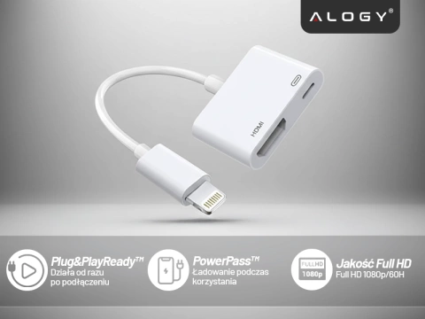 Przejściówka Lightning do HDMI i Lightning – adapter Full HD 60 Hz, łatwe podłączenie iPhone / iPad do TV lub projektora, Plug & Play – Alogy LightningHD™ Biały