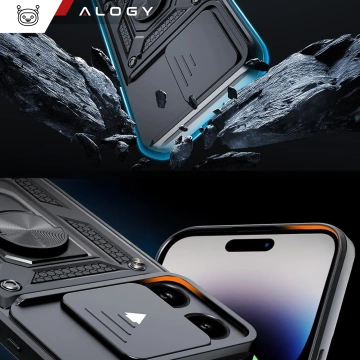 Etui do Apple iPhone 16 pancerne Slide Case Ring obudowa ochrona aparatu Camshield Alogy czarne + Szkło