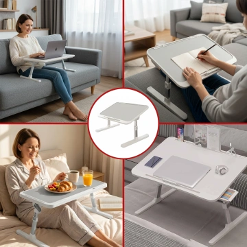Stolik składany regulowany 60×35 cm – biurko na laptopa z szufladą i portem USB, składane nogi, stabilna konstrukcja do pracy i nauki – Alogy FoldDesk™