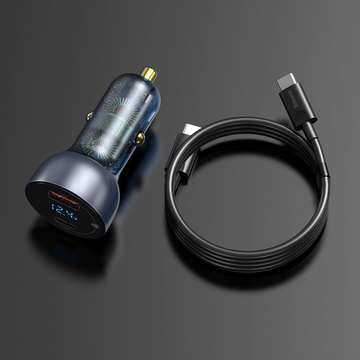 Ładowarka samochodowa Baseus Particular Digital Display z wyświetlaczem, USB + USB-C, QC3.0+PD, 5A, 65W (szara) + kabel USB-C 1m 100W (czarny)