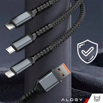120 cm Alogy 3-in-1 Schnellladekabel 100 W USB auf USB-C Micro Lightning Schwarz