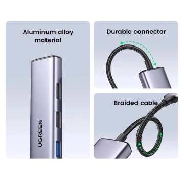 Adapter Ugreen CM478 USB-C do HDMI / USB-A 3.0 / 2x USB 2.0 / PD Szary