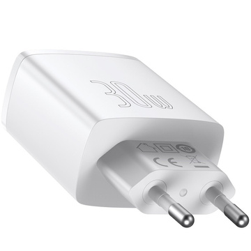 Baseus Kompaktes Schnellladegerät 2xUSB USB-C PD QC 3.0 3A 30W Weiß