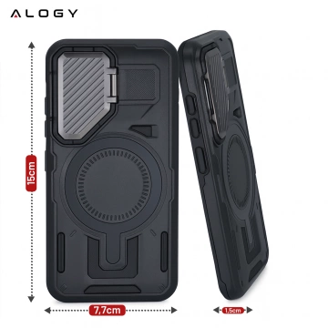 Etui do Samsung Galaxy S25 Case do MagSafe Wzmocniona Pancerna ochrona obiektywów z funkcją podstawki obudowa ochronna na telefon Alogy HeavyDuty Mag™️Czarne