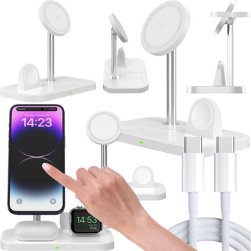 Ładowarka indukcyjna Qi Mag Safe 15W do iPhone Apple Watch AirPods 3w1 bezprzewodowa stojak podstawka biała