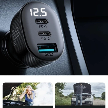 Ładowarka samochodowa Joyroom JR-CCD04 30 W 2× USB-C & USB-A z wyświetlaczem – czarna