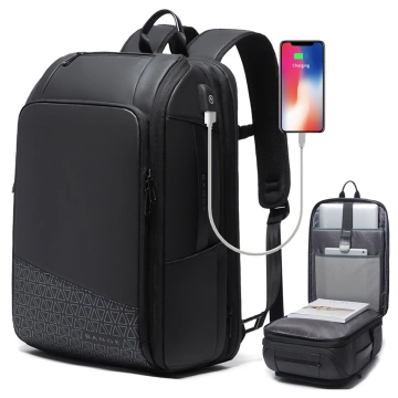 Wasserdichter Rucksack von Bange für Laptops bis 15,6 Zoll, ideal für Städtetrips, 49 x 31 x 18 cm, erweiterbar für Arbeit und Flugreisen, für Damen und Herren, mit USB-Anschluss, Schwarz