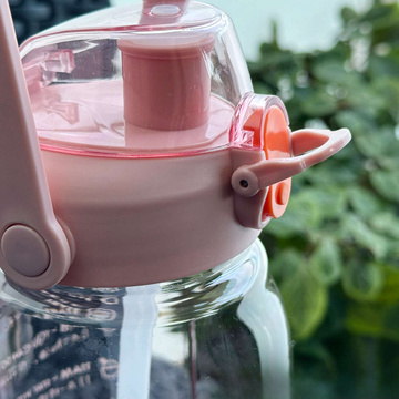 Motivierende Trinkflasche mit Strohhalm, 1,5 l, Erinnerung, motivierender Messbecher, Henkel, rosa