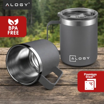 Thermobecher 420 ml mit Henkel und Deckel für Kaffee, Tee, Stahl, Kalt- und Heißgetränke Alogy Grey