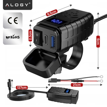 Ładowarka Motocyklowa z Wyświetlaczem, Szybkie Ładowanie 36W PD + QC 3.0, Porty USB-A i USB-C, Wodoodporna i Solidna, Alogy MotoCharge Pro™ – Czarna