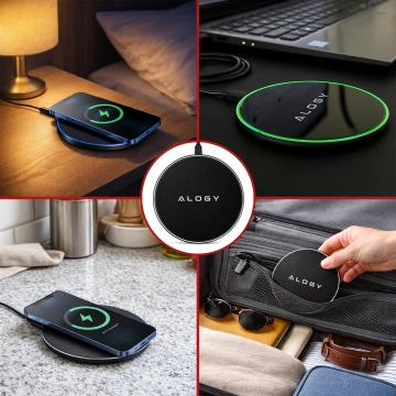 QI kabelloses induktives Ladegerät 15 W schnelle LED Alogy rund für iPhone USB-C-Kabel Schwarz