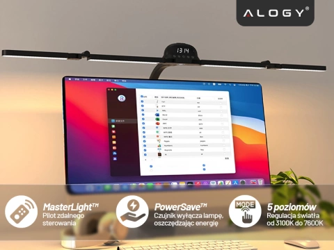 Lampa Biurkowa LED do Monitora ze Składaną Konstrukcją, Regulowaną Jasnością i Pełnym Spektrum Światła, z Mocowaniem do Blatu, Ochrona Oczu, Alogy VisionBar™ – Czarna