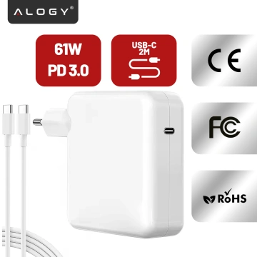 Ładowarka zasilacz do Apple MacBook – szybkie ładowanie Power Delivery PD 61W, kabel USB-C do USB-C 2 m, uniwersalna i bezpieczna – Alogy PowerLink™ Biały