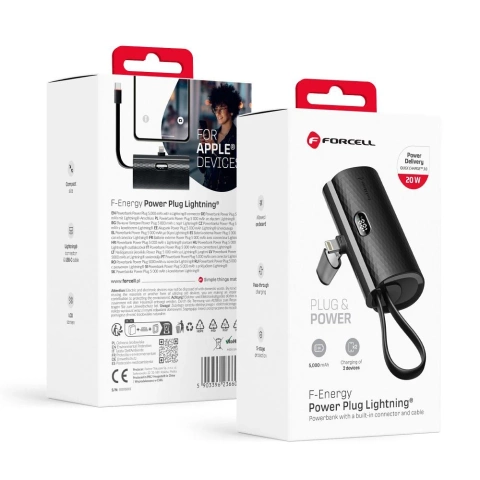 FORCELL F-ENERGY Power Plug F5K3 Powerbank mit integriertem Lightning PD-Anschluss 20 W 5000 mAh Schwarz