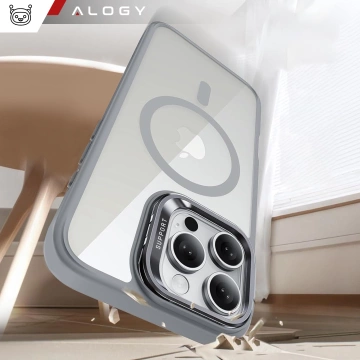 Etui hybrydowe ochronne do Apple iPhone 16 Pro Max Alogy KickStand Hybrid Case z podpórką do MagSafe Szare + szkło hartowane