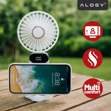 Wentylator Wiatrak Ręczny Bezprzewodowy, Przenośny i Biurkowy, z Uchwytem na Telefon, Ładowanie USB-C, Bateria 18650, Alogy CoolBreeze™ – Biały