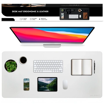 Schreibtischunterlage 90 × 45 cm – rutschfeste Schutzmatte aus elegantem PU-Kunstleder, für Maus und Tastatur, stilvoll und langlebig – Alogy WorkMat™ Weiß