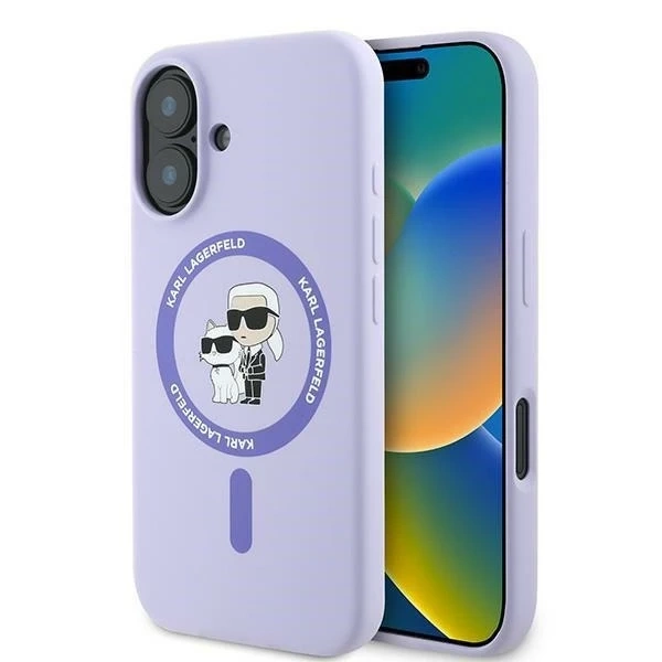 Etui Karl Lagerfeld do iPhone 16 6.1" Fioletowy MagSafe Hardcase Silicone Karl&Choupette Ring 