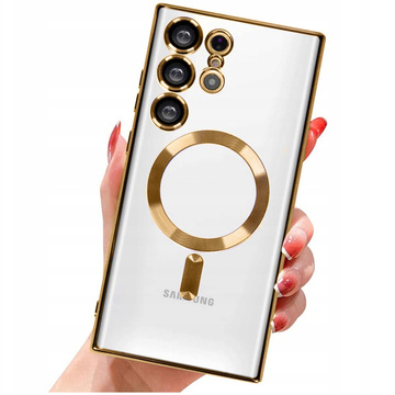 Etui do Samsung Galaxy S24 Ultra Mag Safe Glamour Case Ring obudowa ochrona aparatów Alogy Złote przezroczyste