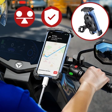 Uchwyt Motocyklowy na Telefon Kewig do Kierownicy i Lusterka, Antywstrząsowy z Systemem Antywibracyjnym, Rotacja 360°, Kompatybilny z Telefonami 5.4–7" – Czarny