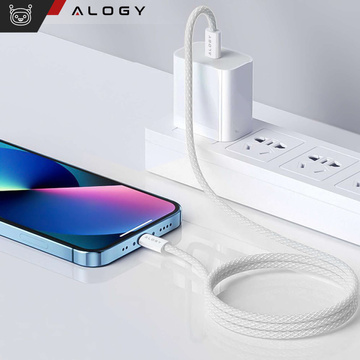 Kabel USB-C typ C mocny szybki 60W PD 1M do iPhone 15/Pro/Max iPad MacBook nylonowy przewód Alogy Biały