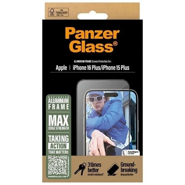 Gehärtetes Glas für iPhone 16 Plus PanzerGlass Displayschutzfolie Aluminiumrahmen Ultraweite Passform mit Aluminiumrahmen