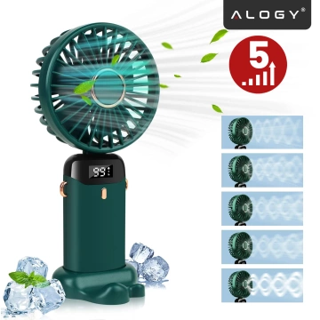 Wentylator Wiatrak Ręczny Bezprzewodowy, Przenośny i Biurkowy, z Uchwytem na Telefon, Ładowanie USB-C, Bateria 18650, Alogy CoolBreeze™ – Zielony
