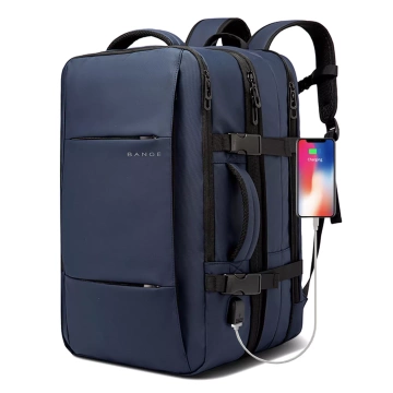 Plecak wodoodporny Bange na laptopa 15.6" miejski podróżny 47x31x15-25 cm do pracy samolotu męski damski z portem USB Granatowy