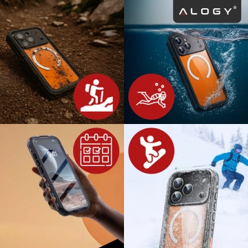 Etui Wodoodporne do Apple iPhone 17 Pro 6,3", Pancerna Obudowa 360° z Przezroczystym Tyłem, Kompatybilna z MagSafe, Alogy HydroArmor™ IP68 Case – Czarne