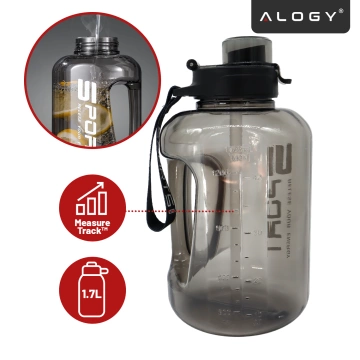 Duża Butelka Motywacyjna na Wodę 1.7L Bidon Sportowy z Miarką, Uchwytem i Pokrywką 2w1 (Dzióbek + Słomka), Wygodna i Szczelna, Alogy Sport 1700ml – Czarna